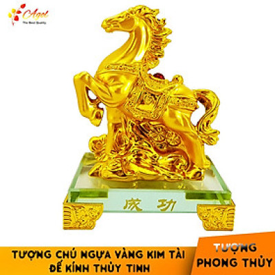 Tượng chú ngựa vàng đế kính thủy tinh cao cấp - Tượng MÃ PHI THIÊN - Hàng Nhập Khẩu