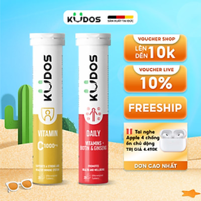 Combo Thực phẩm bảo vệ sức khỏe KUDOS DAILY VITAMINS PLUS BIOTIN & GINSENG + KUDOS VITAMIN C 1000MG (20 viên/tuýp)