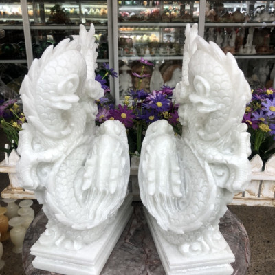 Cặp Rồng đứng phong thủy đá cẩm thạch trắng - Cao 30 cm