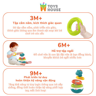 Đồ chơi lật đật, vòng xúc xắc xếp chồng nhiều màu sắc hình khủng long ToysHouse HE0298