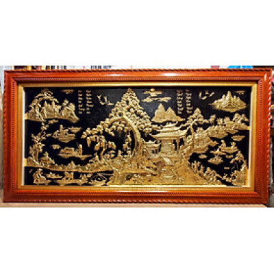 Tranh đồng vàng liền tấm khung gỗ tự nhiên -Làng quê thanh bình