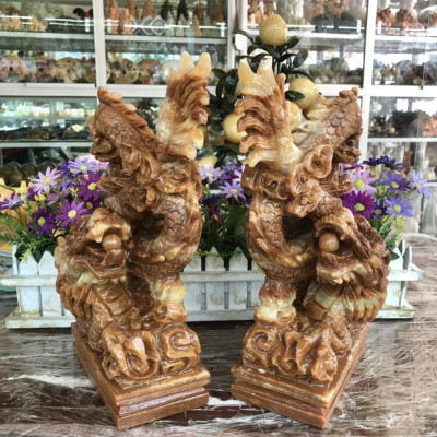 Cặp Rồng đứng phong thủy đá cẩm thạch vân gỗ - Cao 30cm