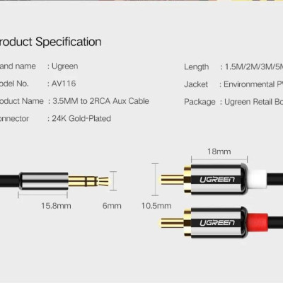 Ugreen UG20780AV116TK 8M màu Đen Cáp âm thanh 2 đầu Bông sen sang 3.5mm Dương mạ vàng - HÀNG CHÍNH HÃNG