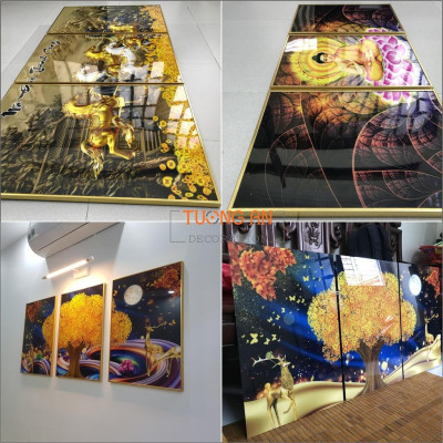 Tranh treo tường Đồng Quê tráng gương pha lê cao cấp trang trí nội thất TA11