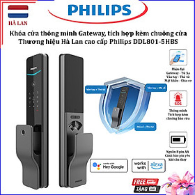 [CHÍNH HÃNG] Khóa cửa thông minh Philips DDL801-5HBS – Điều khiển từ xa, vân tay, thẻ từ, mật khẩu, chìa cơ, tích hợp chuông cửa