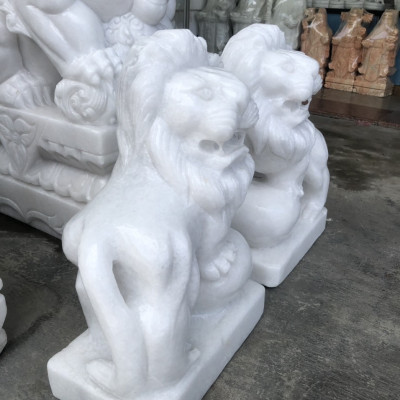 Cặp Sư Tử phong thủy đá cẩm thạch trắng - Cao 40 cm