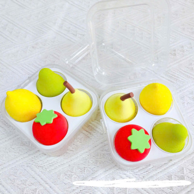 Sét hộp 4 món  tán phấn siêu mềm mại hình  trái cây ,giọt nước , có độ đàn hồi cao , dẻo ,không bị biến dạng ,nhiều màu sắc cute xinh xắn đáng yêu