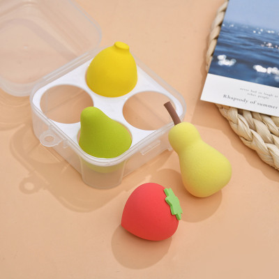 Mút trang điểm 4 món hình  quả trứng ,trái cây  , bông tán phấn  nhiều màu có hộp đựng , xinh xắn  siêu đáng yêu cute