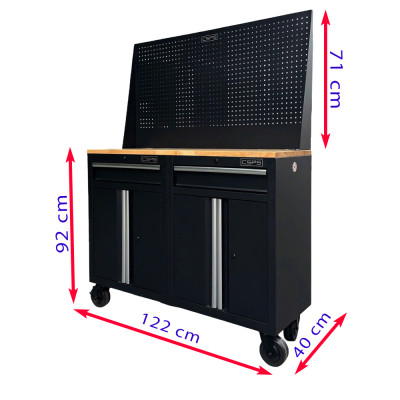 Bộ 2 Tủ dụng cụ CSPS 122cm màu đen mặt ván gỗ kèm vách lưới - 02 hộc kéo (tay cầm trắng)