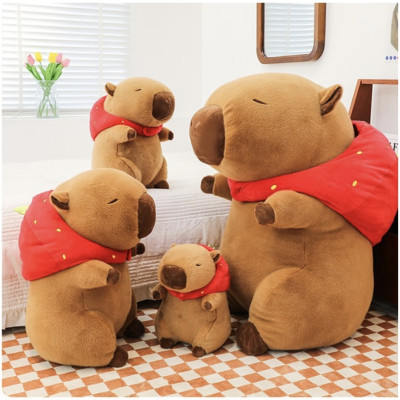 Thú nhồi bông capybara đội mũ dâu tây đáng yêu - Size từ 35cm đến 85cm - Quà tặng gấu bông capybara mang balô dâu tây trên lưng - Gối ôm chuột lang dễ thương cho bé.
