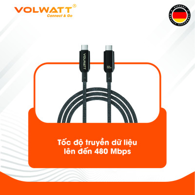Cáp sạc nhanh 60W Volwatt GE-A35-CC hàng chính hãng | Cáp Type-C to Type-C có LED hiển thị công suất, dây nylon bền bỉ, truyền dữ liệu 480Mbps – BH 12 tháng