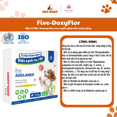Five-Axolaner Hỗ Trợ Kiểm Soát Ve Rận, Bọ Chét, Ghẻ Demodex, Sarcoptes Cho Chó Sạch Khỏe, An Toàn