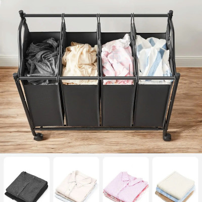 Hộp đựng đồ giặt Songmics Laundry Basket Laundry Hamper (4 túi vải+kệ có bánh xe- màu đen) Hàng chính hãng
