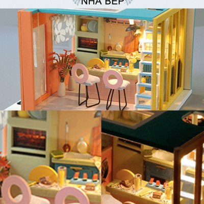 Mô hình nhà búp bê lắp ghép bằng gỗ Mẫu Biệt Thự 3 Tầng Sáng Tạo tặng kèm Cót Nhạc ,dụng cụ lắp ghép, keo silicon