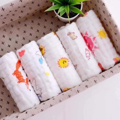 Khăn Sữa Cotton Unmei 6 lớp cho Bé, 30x30cm, Khăn Vải Xô Dày dặn, Thấm Hút Tốt, Màu Trắng Hoa văn ngẫu nhiên
