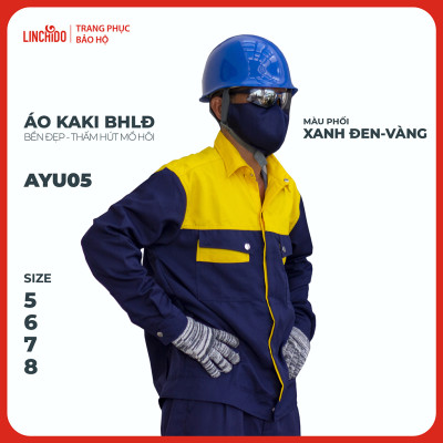 Áo Kaki đồng phục công nhân thoáng mát bền đẹp thấm hút mồ hôi màu phối xanh đen vàng - Mã AYU05