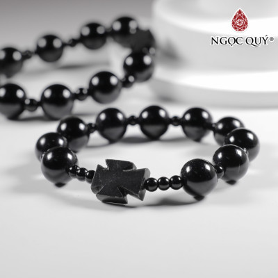 Vòng mân côi đá Obsidian hạt 14mm mệnh thủy , kim - Ngọc Quý Gemstones