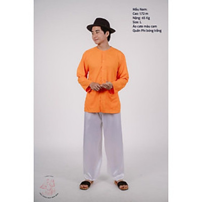 Bộ áo bà ba nam phối áo cate cam+ Quần phi trắng - Có bộ bà ba Bigsize