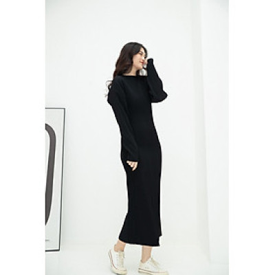 Đầm thun gân đen NGADO , đầm thun nữ , đầm midi , đầm dạo phố