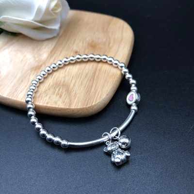 Lắc Tay Vòng Tay Nữ Bạc 925 Bi Trơn Mix Với Gấu Dễ Thương Bạc Hiểu Minh LTU574