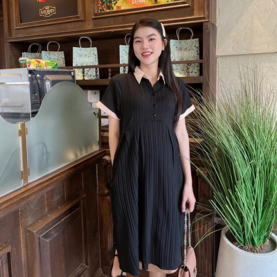 Đầm bầu babydoll đũi gân cổ sơ mi thanh lịch, phối màu bầu diện dễ thương