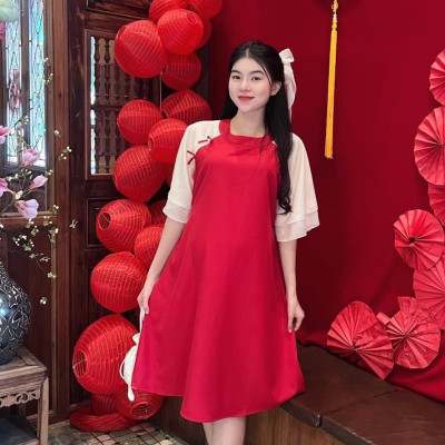 Đầm bầu thiết kế kiểu Áo dài cách tân Chất Cotton Lạnh đính nơ xinh xắn, thanh lịch