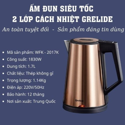 Ấm đun siêu tốc 2 lớp cách nhiệt Grelide D2017k ( 1.7L) hàng chính hãng- thân bình bằng thép không gỉ, lòng ruột đúc inox nguyên khối. 