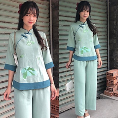 Đồ Lam Đi Chùa # Sẫm 2Nút Hoa Thêu Phối Vải Đũi