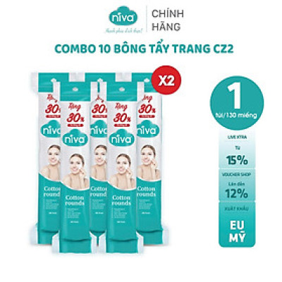 COMBO 10 Túi 130 Miếng Bông Tẩy Trang Tròn NIVA Cao Cấp Cz2 Bông Tự Nhiên 100% Mềm Mại An Toàn Cho Da Nhạy Cảm