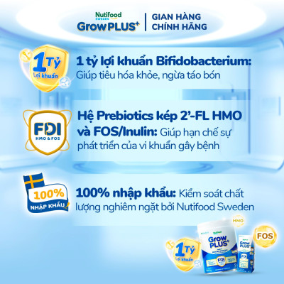 Sữa bột Nutifood Sweden GrowPLUS+ Tiêu Hóa (Xanh Nhạt) 1+ - Tiêu hóa khỏe, tăng cân (Lon 800g)
