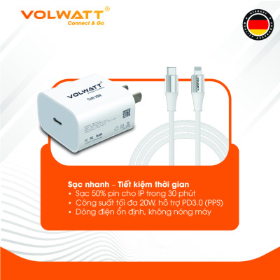 Bộ củ cáp sạc siêu nhanh Volwatt GE-30-SCL 30W GaN hàng chính hãng | Adapter PD Type-C + Cáp Type-C to L 1m, BH 12 tháng