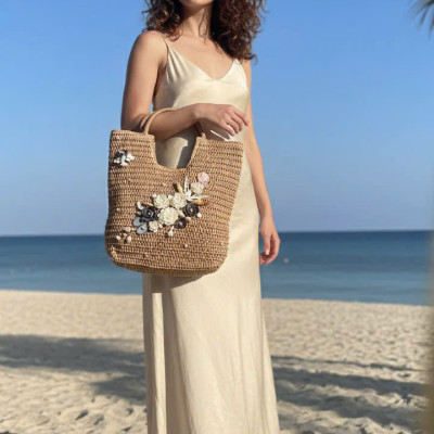 Giỏ Cói Giấy Mềm Dáng Tote Gắn Vỏ Sò, Giỏ Cói Tote Lan Châu ACC142