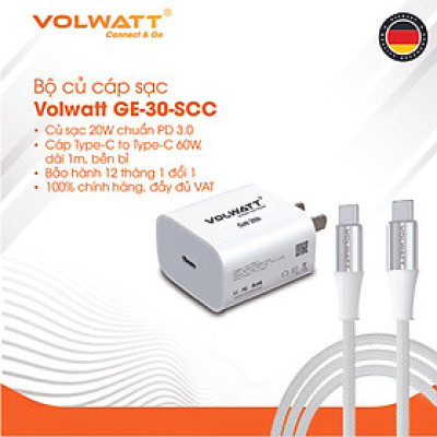 Bộ củ cáp sạc siêu nhanh Volwatt GE-30G-SCC 30W GaN hàng chính hãng | Adapter PD Type-C + Cáp Type-C 60W, BH 12 tháng