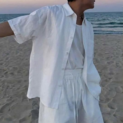 Sơ mi nam ngắn tay trơn cổ bẻ khóa cúc thanh lịch vải sợi tự nhiên Linen mềm mát