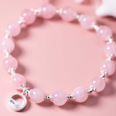 Vòng tay đá thạch anh hồng charm bạc tròn treo mệnh hỏa, thổ - Ngọc Quý Gemstones