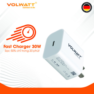 Củ sạc nhanh  Volwatt GE-30G-C Super Fast Charger dùng cho iPhone/ Samsung/ OPPO... (30W, Type C, PD/ QC3.0 Quick charger) - Hàng chính hãng - Bảo hành 12 tháng