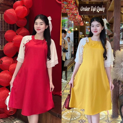 Đầm bầu thiết kế kiểu Áo dài cách tân Chất Cotton Lạnh đính nơ xinh xắn, thanh lịch