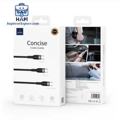 Cáp sạc hàng chính hãng WiWU Concise 3-in-1 100W WI-C033, combo 3 cáp, bọc dù