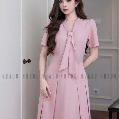 Đầm hồng cổ cà vạt NGADO , đầm midi , đầm kiểu nữ , đầm công sở , dự tiệc