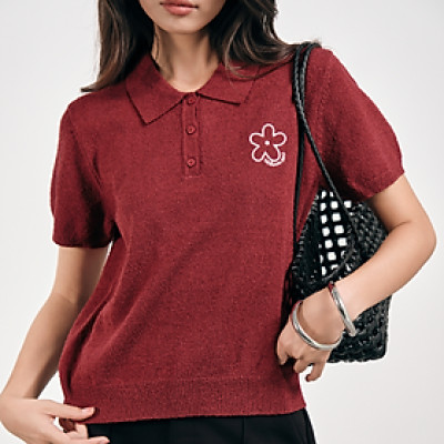 Áo thun polo nữ ngắn tay cổ bẻ thêu hoa xinh xắn chất len Daisy Miều Est.2013
