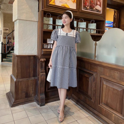 Đầm bầu karo cổ thuỷ thủ phom babydol trẻ trung, đáng yêu