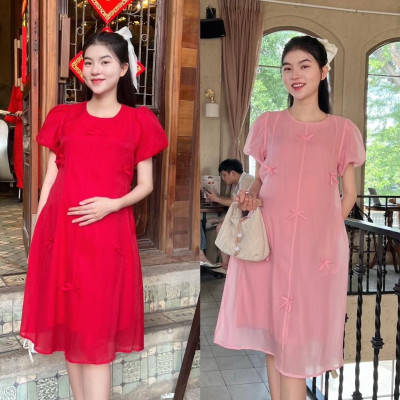 Đầm bầu tơ phom suông đính nơ nhẹ nhàng, dễ thương, sang chảnh Nữ Women