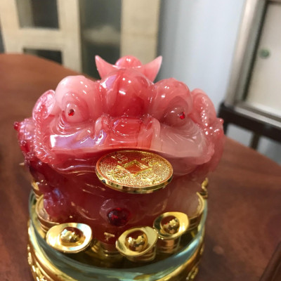 Tượng Cóc đỏ cõng thỏi vàng thiềm thừ phong thủy đế xoay cao 13cm đk 11cm hợp mệnh hỏa mệnh thổ ạ