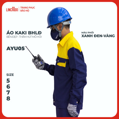 Áo Kaki đồng phục công nhân thoáng mát bền đẹp thấm hút mồ hôi màu phối xanh đen vàng - Mã AYU05