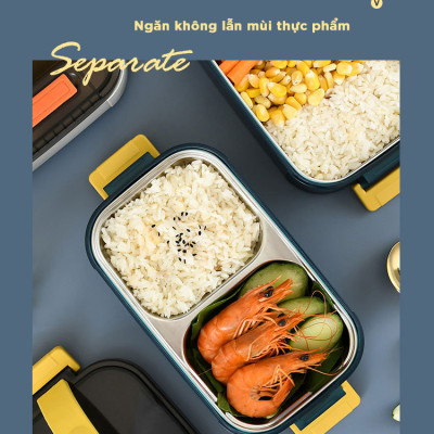 Hộp cơm giữ nhiệt văn phòng YESURE 1200ml Hai Tầng có ngăn Inox Tháo rời dễ dàng cho vào lò Vi Sóng - Hàng chính hãng