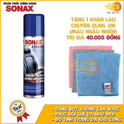 Chai xịt bọt làm sạch nhanh và dưỡng ghế da chuyên dụng Sonax 289100 250ml - tặng 1 khăn 3M màu ngẫu nhiên - Không cần nước, kéo dài tuổi thọ da, hạn chế khô cứng và bong tróc, phục hồi da cũ