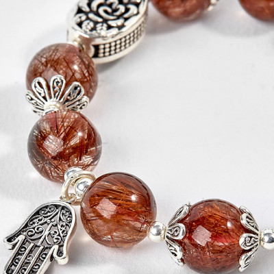 Vòng Tay Đá Thạch Anh Tóc Đỏ Phối Charm Đồng Hồ Bạc Ngọc Quý Gemstones