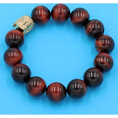 Chuỗi đeo tay đá mắt hổ đỏ đen 14 ly - cẩn hạt Như Lai Inox vàng VMHOENLV14 - hợp mệnh Hỏa, mệnh Thổ