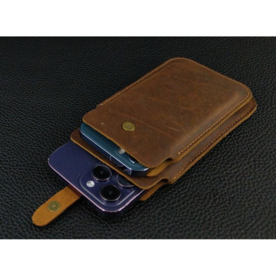 Bao da để 2 điện thoại cho Iphone 12 pro max, 13 pro max, 14 pro max da bò thật