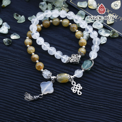 Vòng 2 line thạch anh tóc vàng phối thạch anh ưu linh trắng charm bạc - Ngọc Quý Gemstones